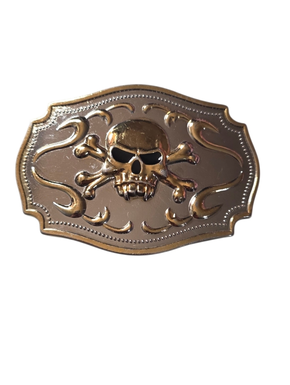 Vintage Skull & Crossbones Silver & Gold Tone Belt Buckle Gothic Biker Western